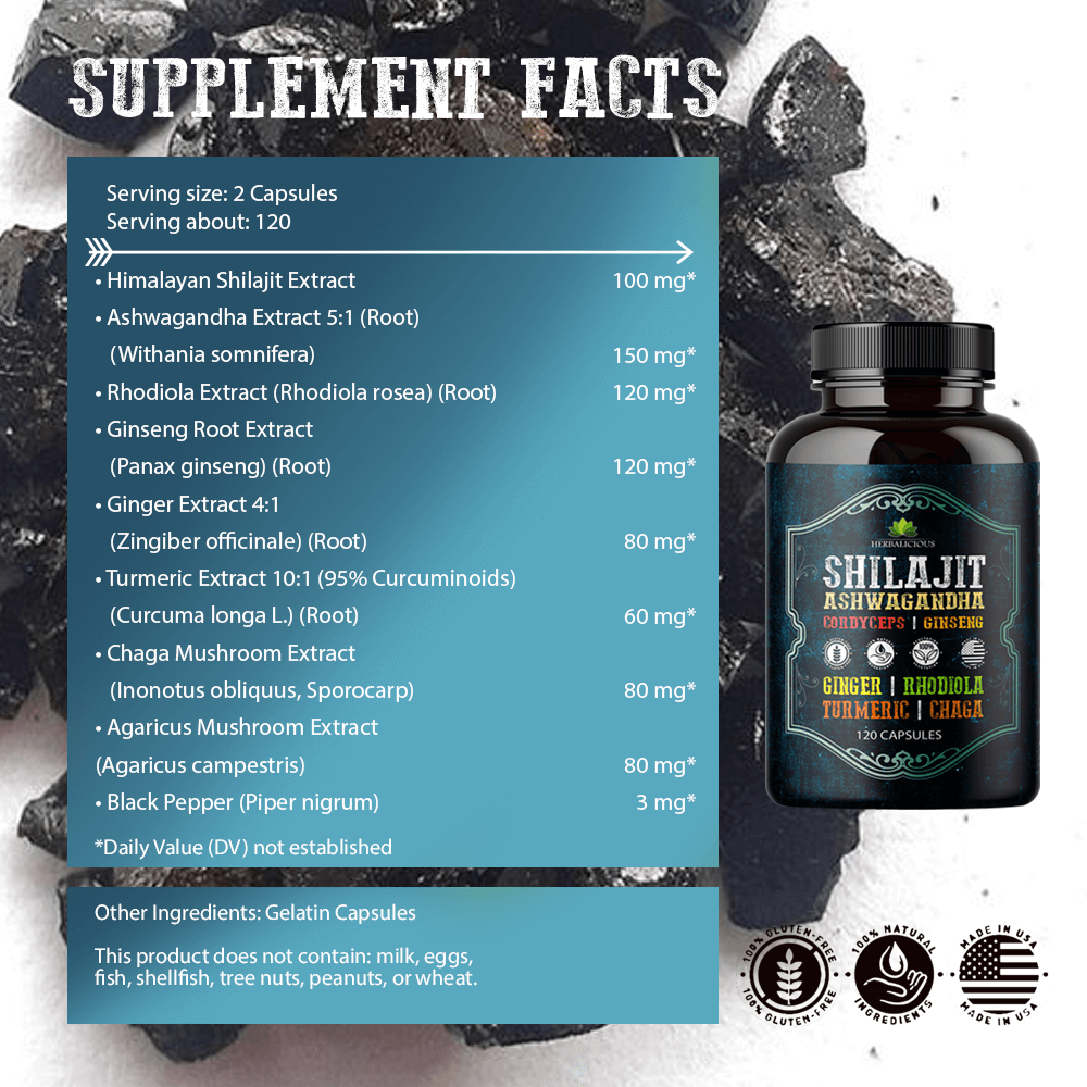 Shilajit Capsules with Ashwagandha, Cordyceps, Ginseng, Rhodiola, Turmeric, Chaga & Ginger – 8-in-1 supplement facts panel