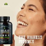 Shilajit Capsules with Ashwagandha, Cordyceps, Ginseng, Rhodiola, Turmeric, Chaga & Ginger – 8-in-1 with happy woman.