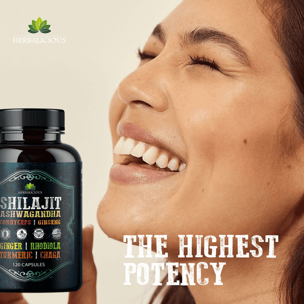 Shilajit Capsules with Ashwagandha, Cordyceps, Ginseng, Rhodiola, Turmeric, Chaga & Ginger – 8-in-1 with happy woman.