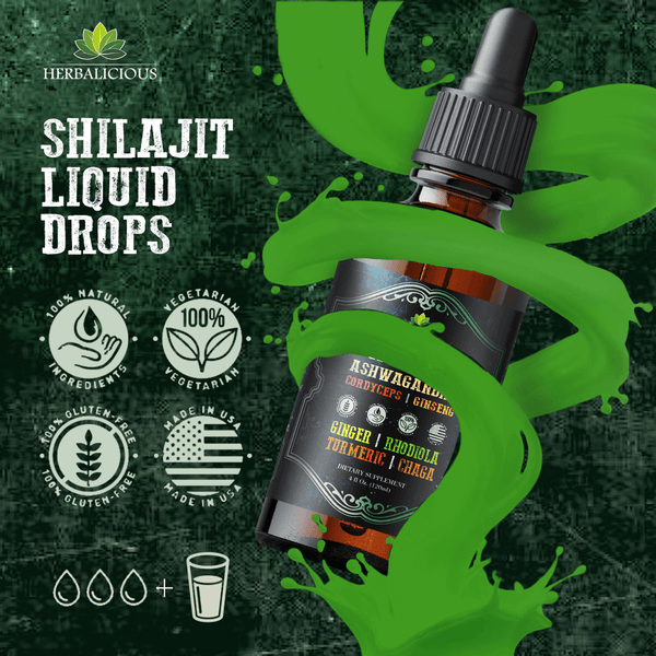 Adaptogenic liquid supplement featuring shilajit liquid drops with ingredients like ginger and turmeric for daily wellness.