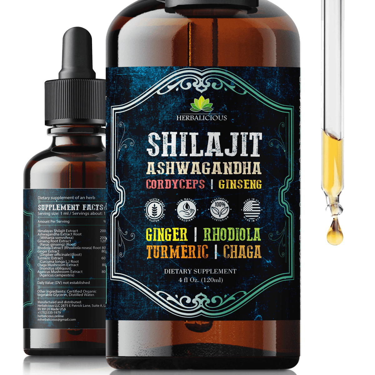 Adaptogenic liquid supplement featuring Shilajit, Ashwagandha, and Cordyceps in a 4 fl oz bottle.