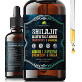 Adaptogenic liquid supplement featuring Shilajit, Ashwagandha, and Cordyceps in a 4 fl oz bottle.