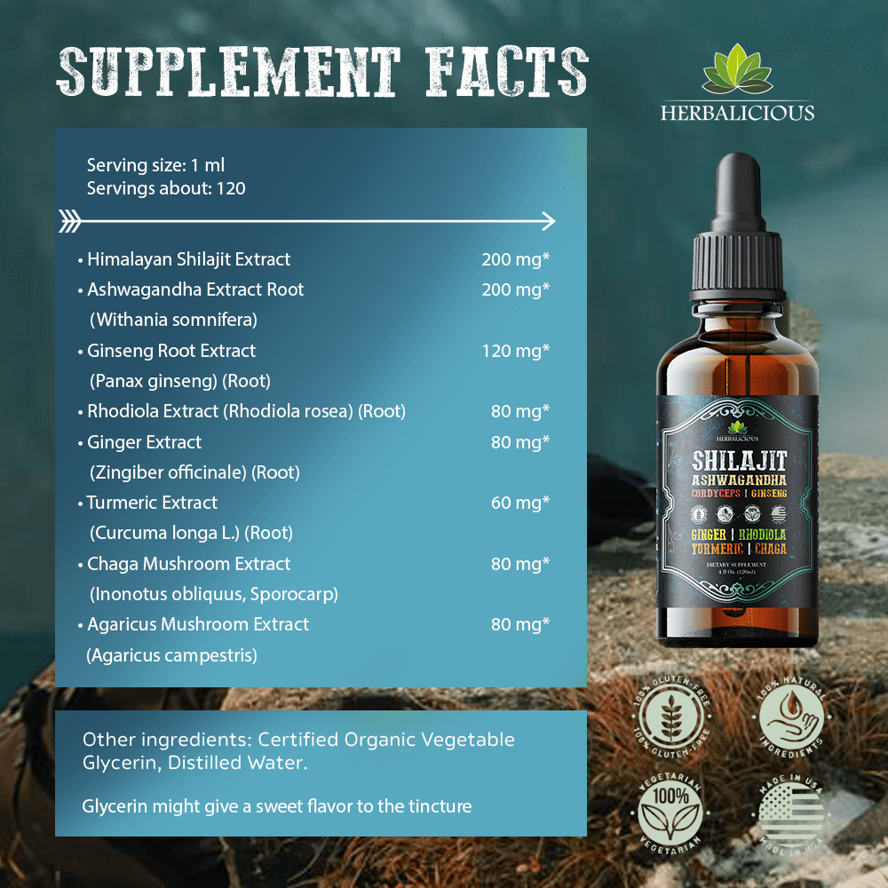 Shilajit Liquid Supplement with Ashwagandha, Cordyceps, Ginseng, Rhodiola, Turmeric, Chaga & Ginger – 8-in-1 Adaptogenic Herbal Drops for Energy, Stress Relief, Focus & Immune Support 4 fl oz Supplement Facts