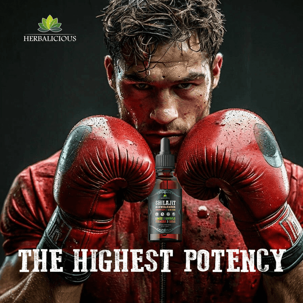 Shilajit Liquid Supplement with Ashwagandha, Cordyceps, Ginseng, Rhodiola, Turmeric, Chaga & Ginger – 8-in-1 Adaptogenic Herbal Drops for Energy, Stress Relief, Focus & Immune Support 4 fl oz in a boxing theme.
