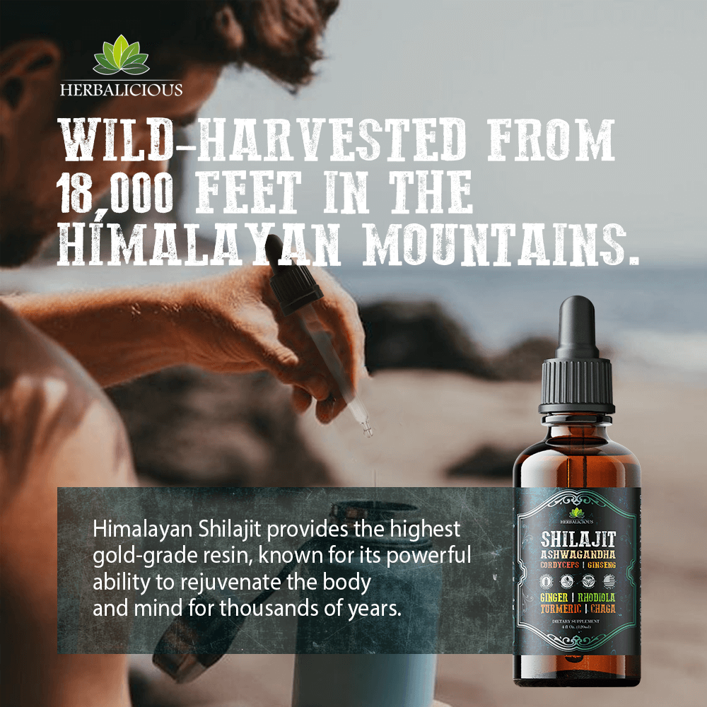 Adaptogenic liquid supplement featuring Himalayan Shilajit extract for body and mind rejuvenation.