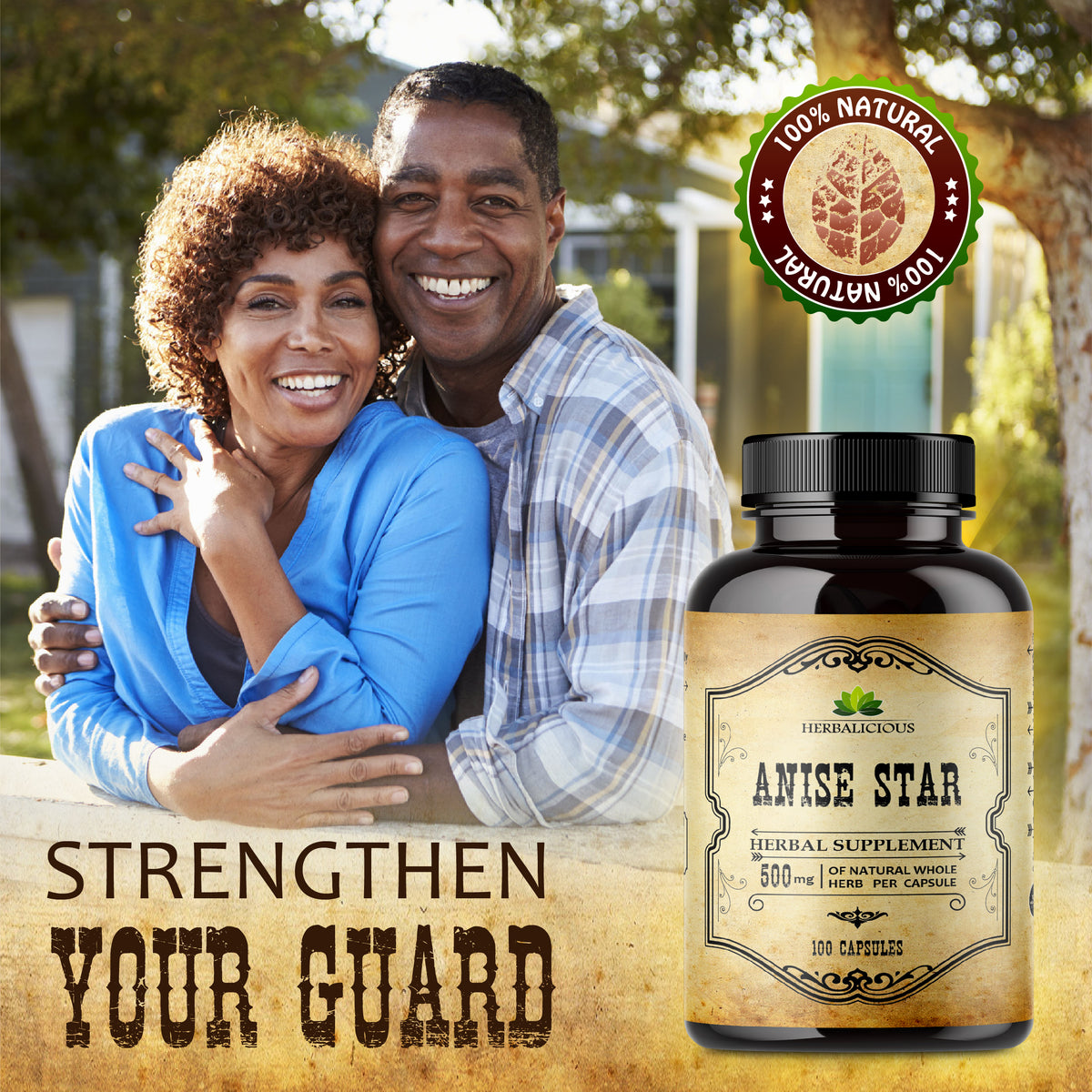 Star anise immune supplement capsules in focus next to happy couple, enhancing daily wellness and natural strength.