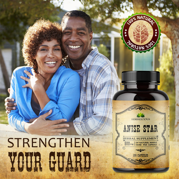 Star anise immune supplement capsules in focus next to happy couple, enhancing daily wellness and natural strength.