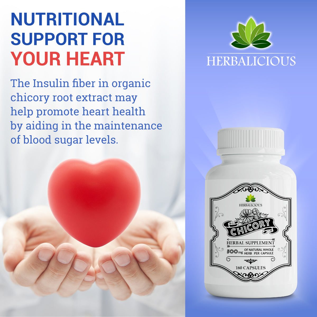 Chicory Root Supplement  Inulin Powder Prebiotic Pills  - Natural Herbal Support for Immune System, Appetite Control, Heart Health