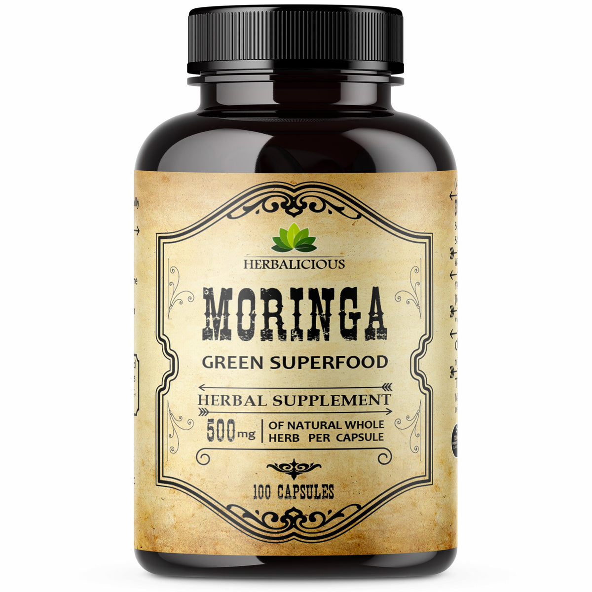 Moringa leaf capsules bottle showcasing 100 capsules of herbal dietary supplement for wellness.