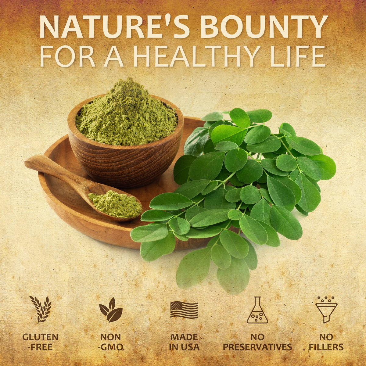 Moringa leaf capsules alongside moringa powder in a bowl, emphasizing natural health benefits.