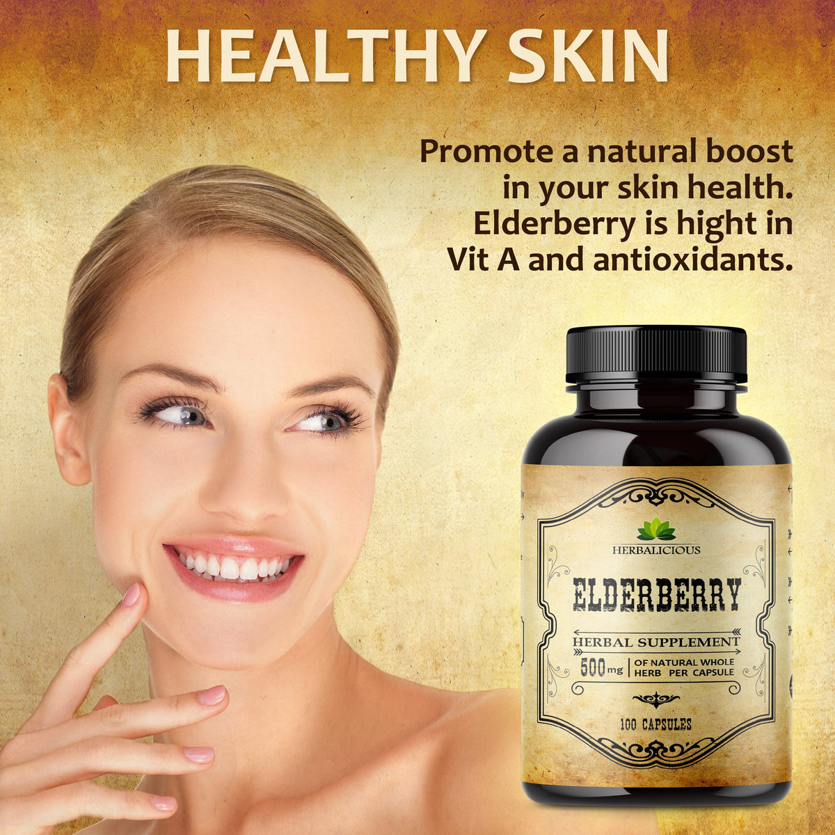 Elderberry Capsules for Immune Support – Herbal Supplement with benefits for skin health, high in Vit A and antioxidants.