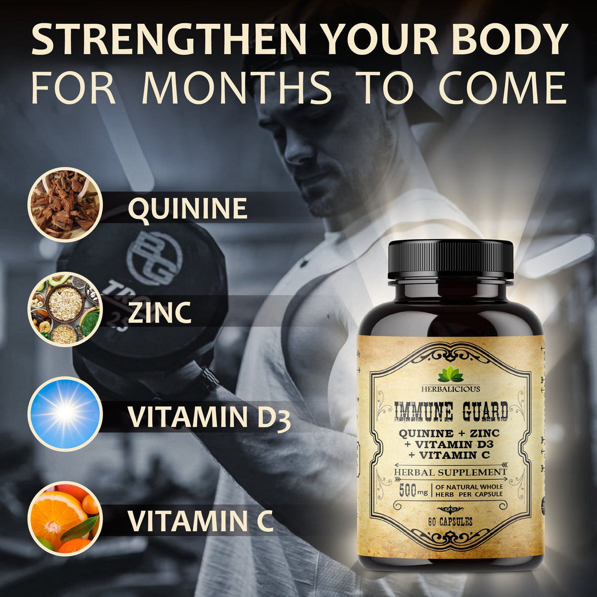 Quinine Immune Guard - Supplement with Vitamin C, D3, Zinc - For Muscle Cramps Relief & Stomach Wellness 60caps