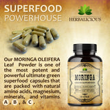 Moringa leaf capsules supplement displayed with their container, highlighting nutrition and wellness benefits.