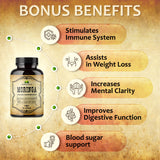 Moringa leaf capsules displaying bonus benefits including immune support, weight loss assistance, and improved digestive function.