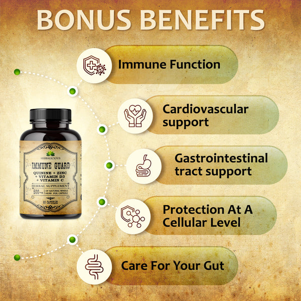 Quinine Immune Guard - Supplement with Vitamin C, D3, Zinc - For Muscle Cramps Relief & Stomach Wellness 60caps
