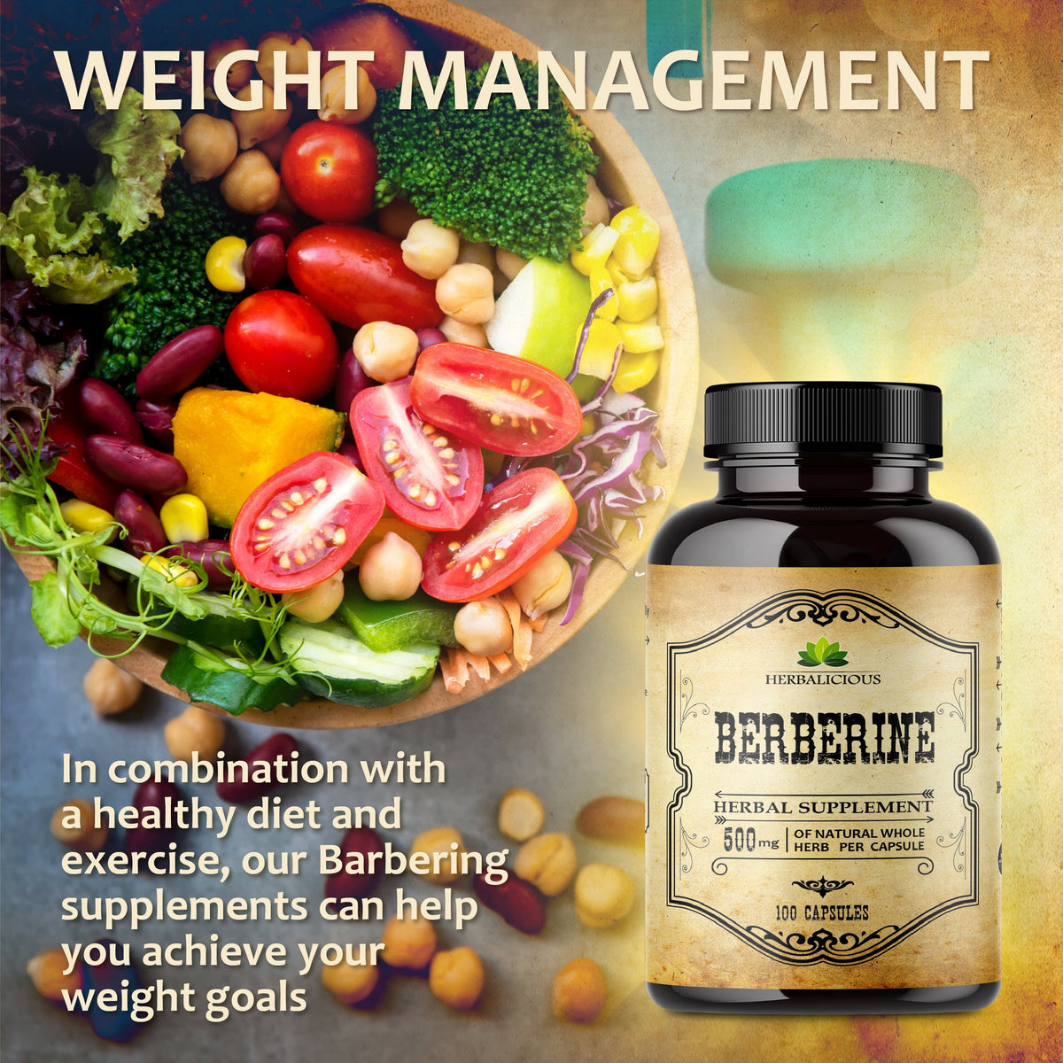 Berberine Supplement  100 Capsules Berberine HCL Dietary Supplement for Men and Women  Ideal for Immune Support, Heart, Cholesterol Levels