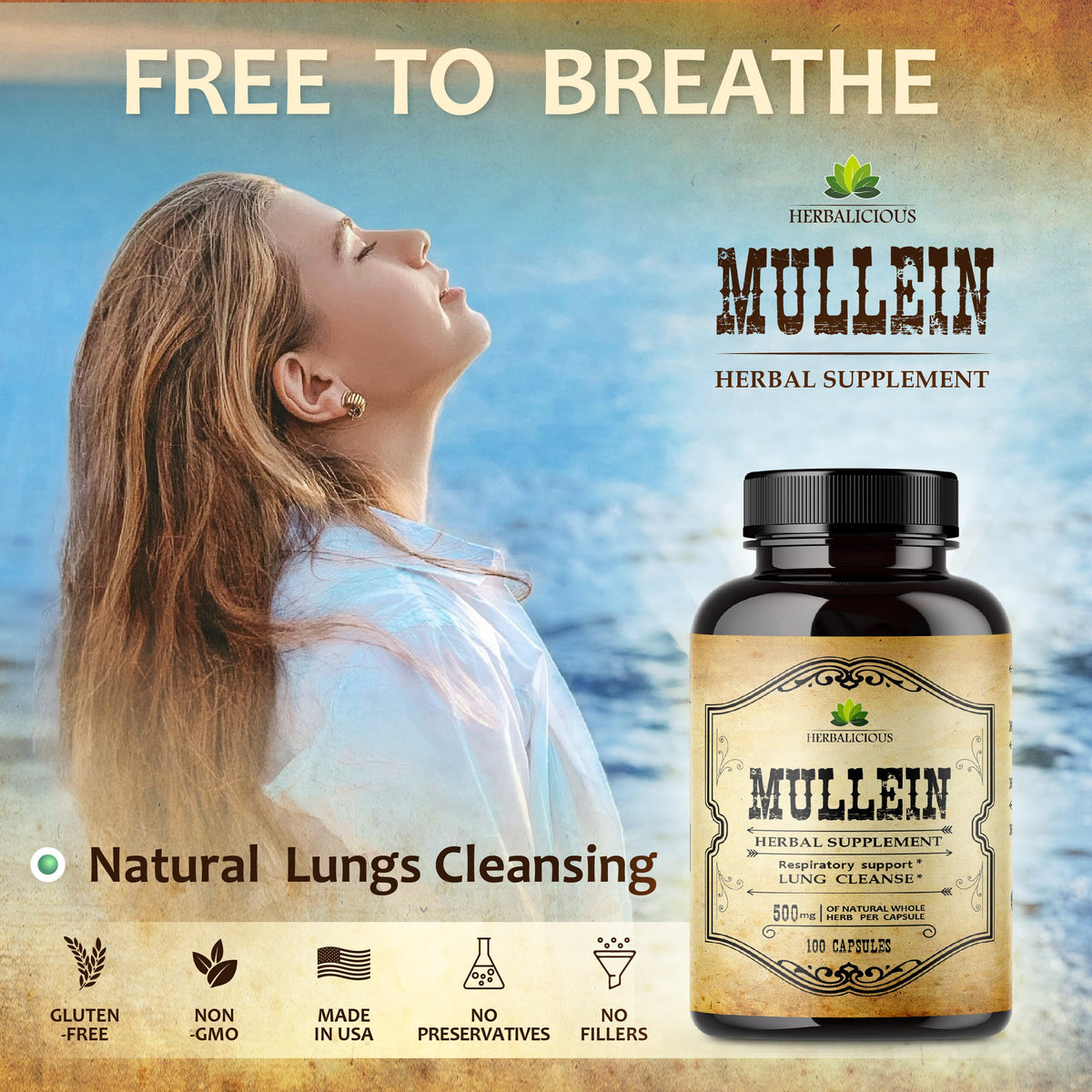 Mullein Leaf 100 Capsules - Organic Verbascum Thapsus Liquid Supplement - Herbal Tincture Promoting Lung, Respiratory & Digestive Wellness