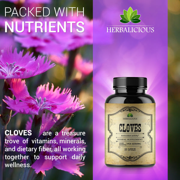 Cloves 100 Capsules Rich in Vitamins Minerals, Manganese, Fiber - May Help Strengthen Bones, Promote Digestive Function, Antioxidant Support